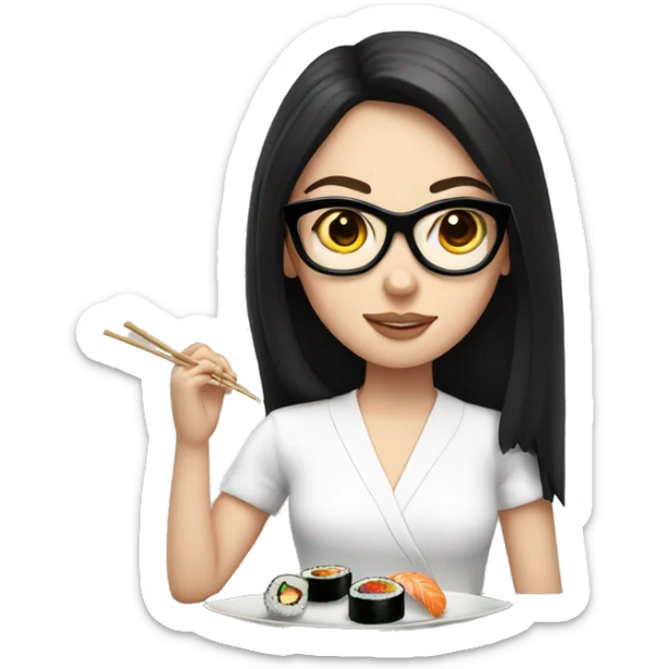 White girl with black round glasses, shoulder length straight hair and a white shirt on eating sushi sticker