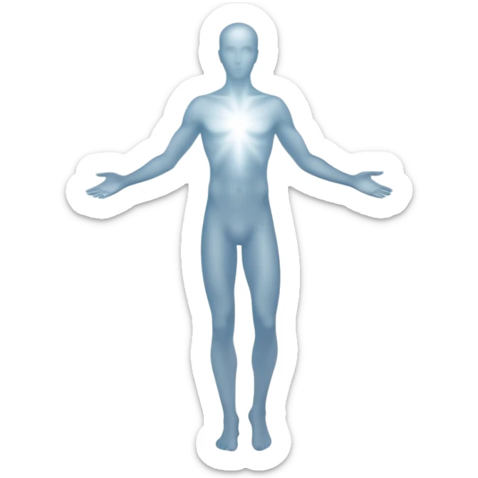 Male silhouette composed of subtle monochrome ethereal flowing energy, abstract aura forming the shape of a man, no facial features, minimal sticker