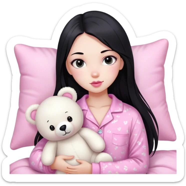 pretty girl, with straight long black hair, black eyes, long lashes, pink lips, wearing pink pajamas, holding white teddy bear plushies sticker