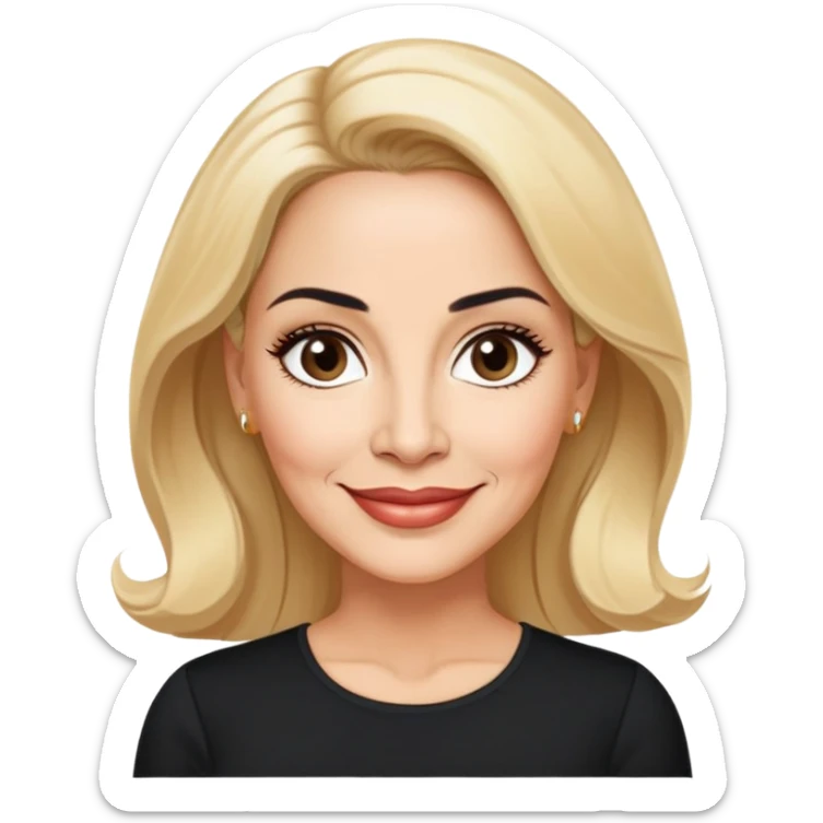 Professional portrait of Linette Torres, Puerto Rican actress in her 50s with light skin, age-appropriate features, charismatic expression, bright eyes, beautifully shaped eyebrows, charming smile, elegant blonde hair, wearing a classic black top sticker