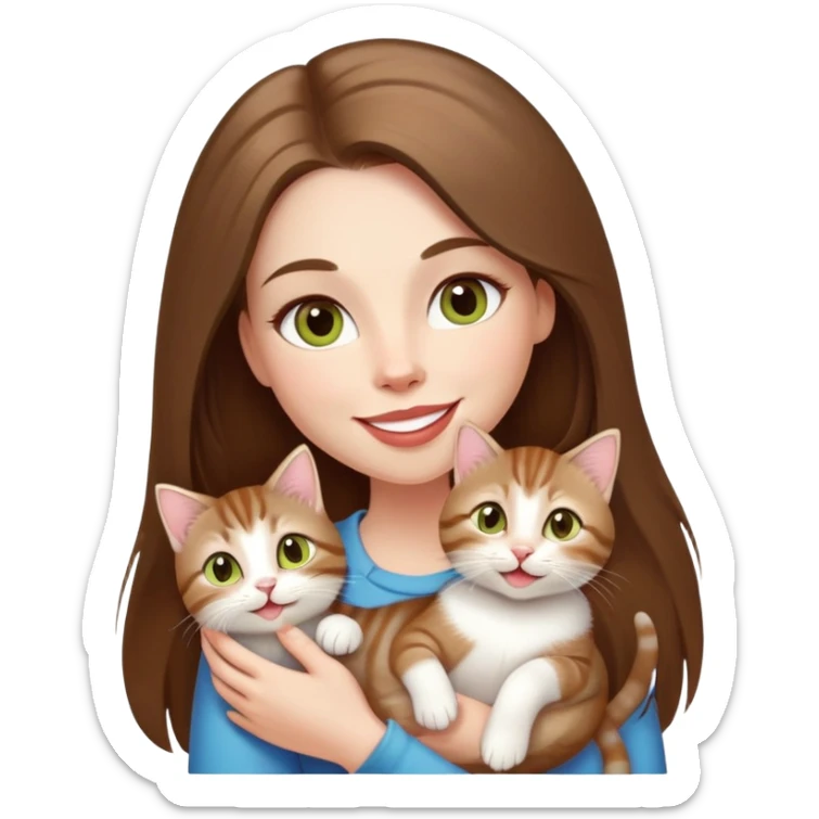 White Woman with VERY long straight brown hair, rosy lips and cheeks, big chartreuse eyes, cute happy big smile holding a white and brown tabby kitten sticker