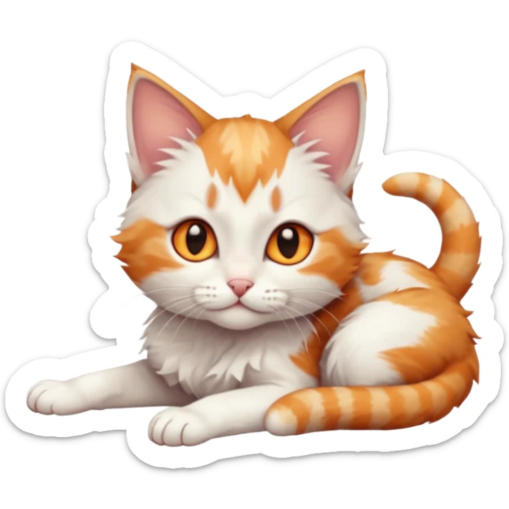 full body of very small + skinny ginger and white kitten with deep orange eyes and triangular shaped face lying down with bent front paws sticker
