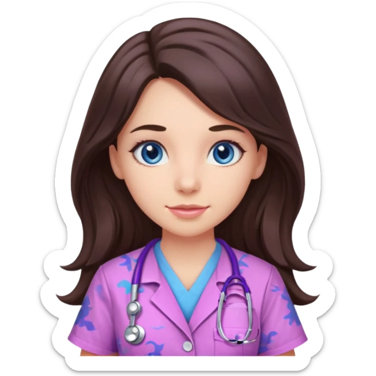 pretty brunette nurse with long hair and blue eyes in pink and purple dinosaur pattern scrubs sticker