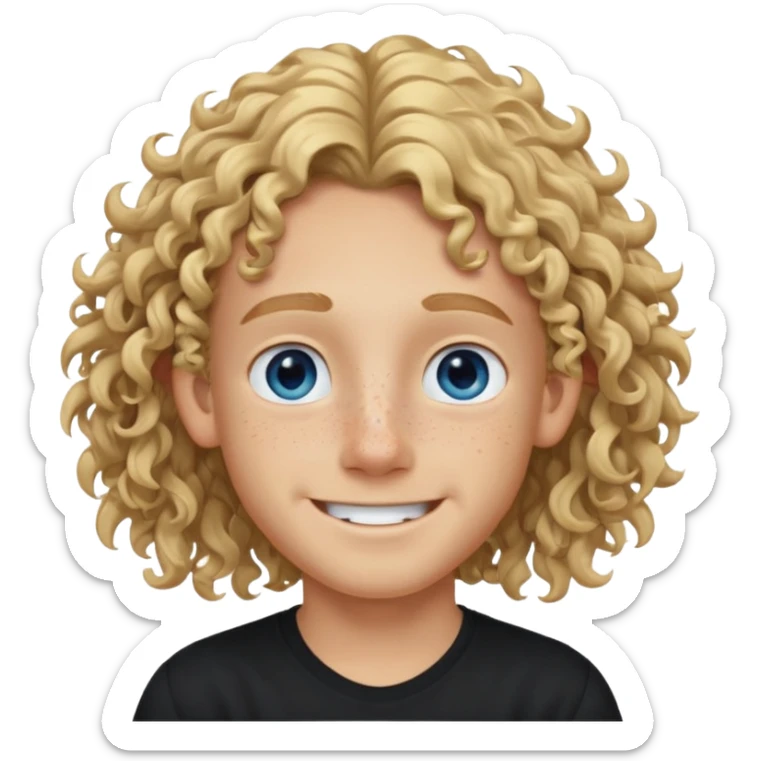 blonde boy with long curly hair past his ears, smiling, wearing a black shirt with freckles and blue eyes sticker