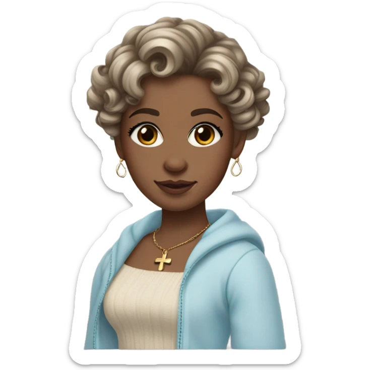 pale girl , who has curly medium length dark brown swirled hair with side bangs , light brown eyes , and doll like makeup , in a light blue off the shoulder sweater with a cross necklace sticker