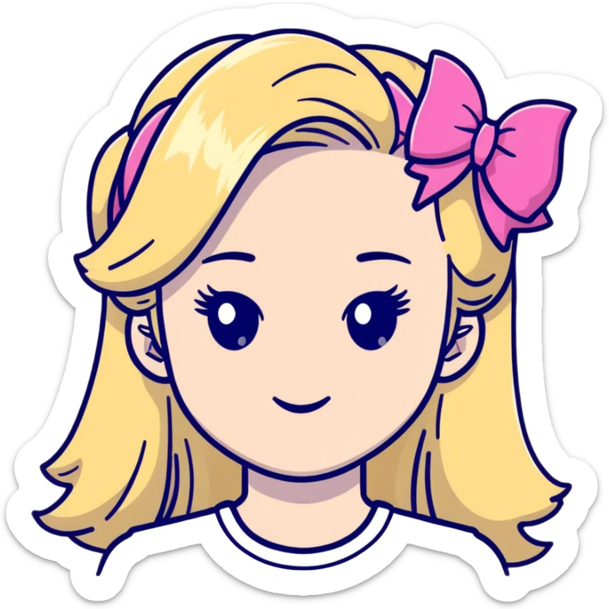 Pretty blonde bombshell girl with long hair and highlights. She has long eyelashes and a pink bow in her hair. sticker