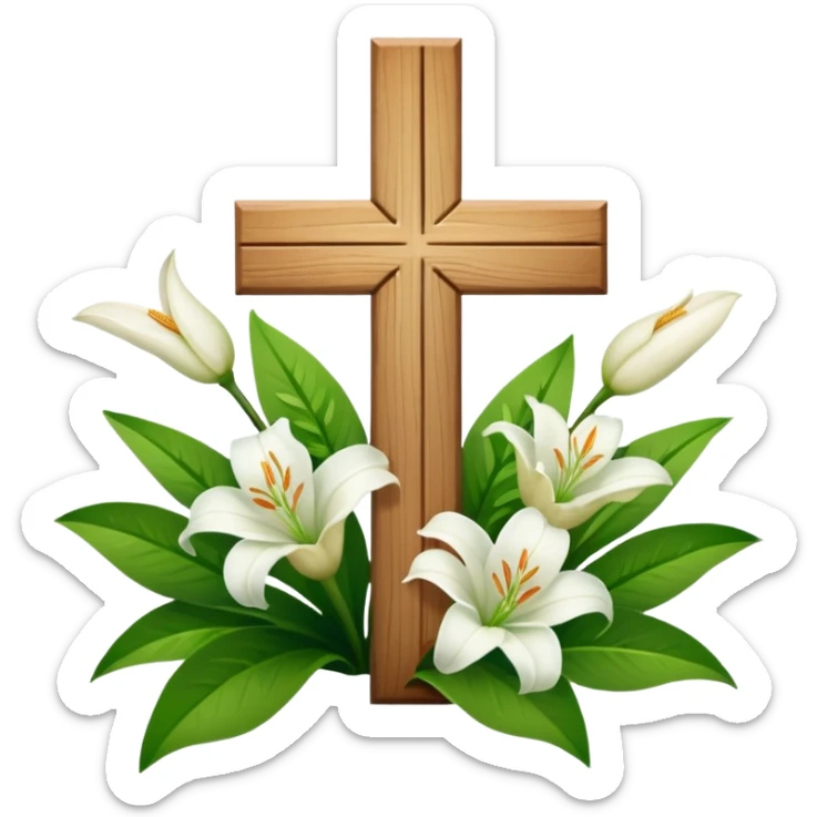 A wooden cross with white lilies around the bottom.. No lilies on the centre of the cross.  sticker