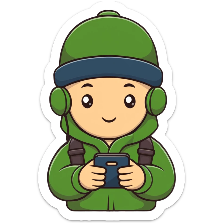 Russian military blogger wearing an ushanka hat and a vatnik, holding a smartphone sticker