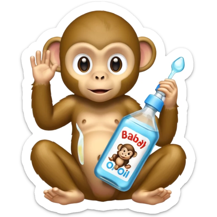 A monkey with baby oil but the baby oil says baby oil on it sticker