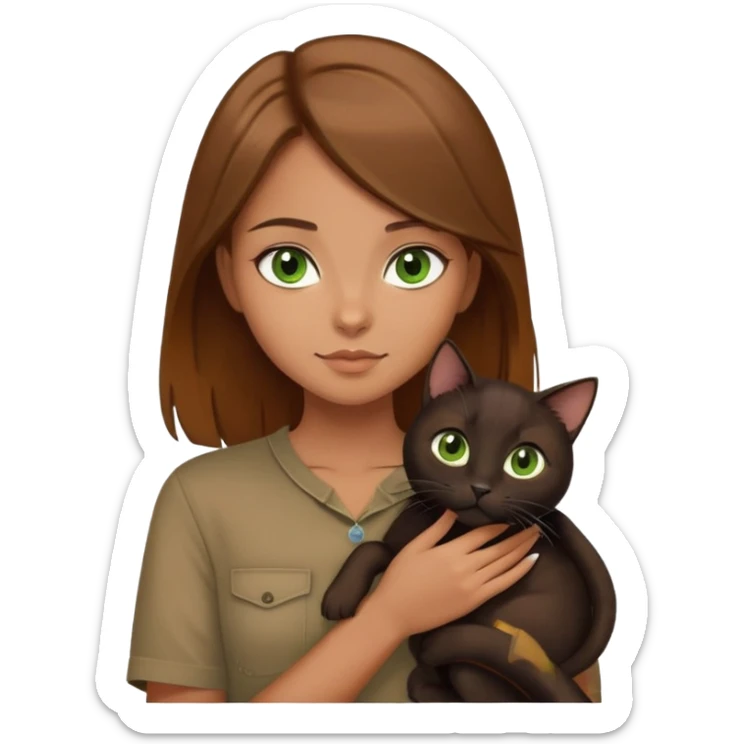 A girl with long caramel brown hair with hazel eyes, in a brown shirt, holding a black green eyed cat sticker