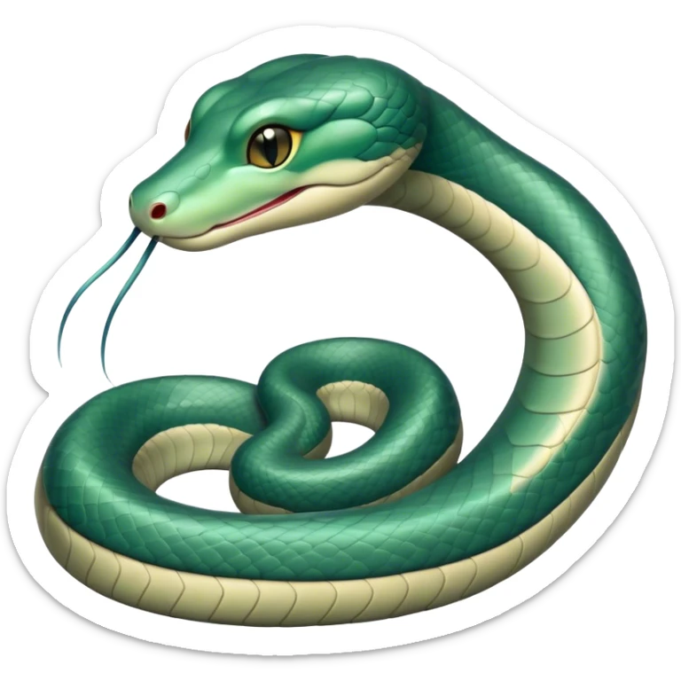 Cinematic Noble Chinese Water Snake Portrait Emoji, Poised and graceful, with a slender, sinuous build and a sleek, iridescent coat of muted greens and blues, deep-set soulful eyes, Simplified yet sharp and sophisticated features, highly detailed, glowing with a soft, dignified aquatic glow, high shine, intelligent and fluid, stylized with an air of waterborne elegance, focused and attentive, soft glowing outline, capturing the essence of a watchful and confident water snake that feels as though it could glide out of the screen with effortless authority! sticker