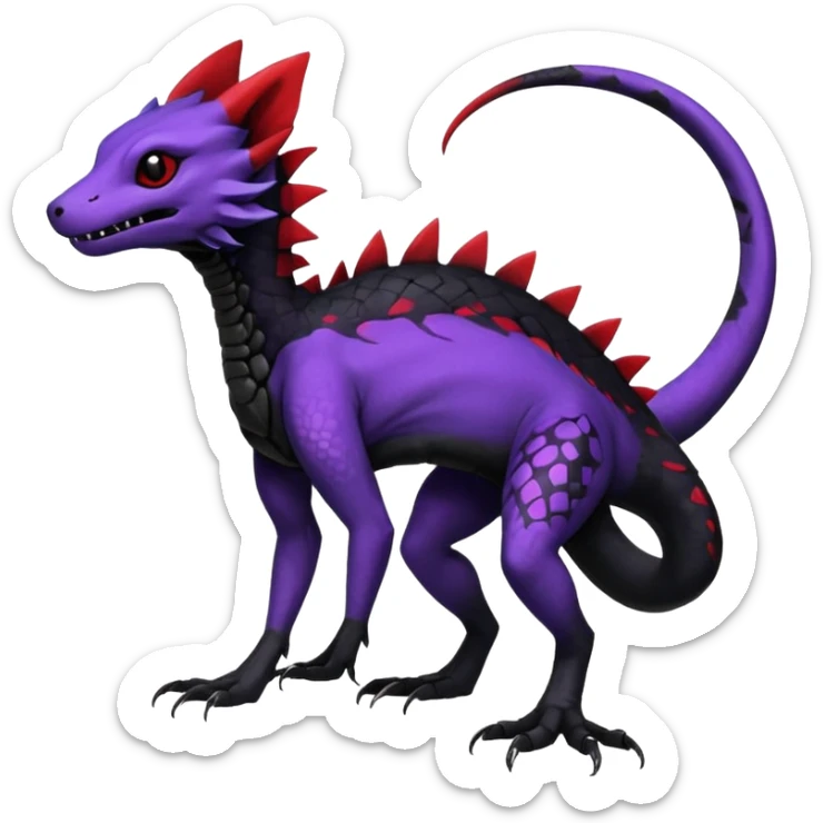 Rare realistic exotic edgy dark gothic gloomy spooky black and red/purple epic pretty beautiful handsome gorgeous aesthetic colorful vibrant Vernid-Trico-species-Fakemon-Salandit-hybrid-creature by LiLaiRa, 4 legs, 1 tail, random markings, (full body) sticker