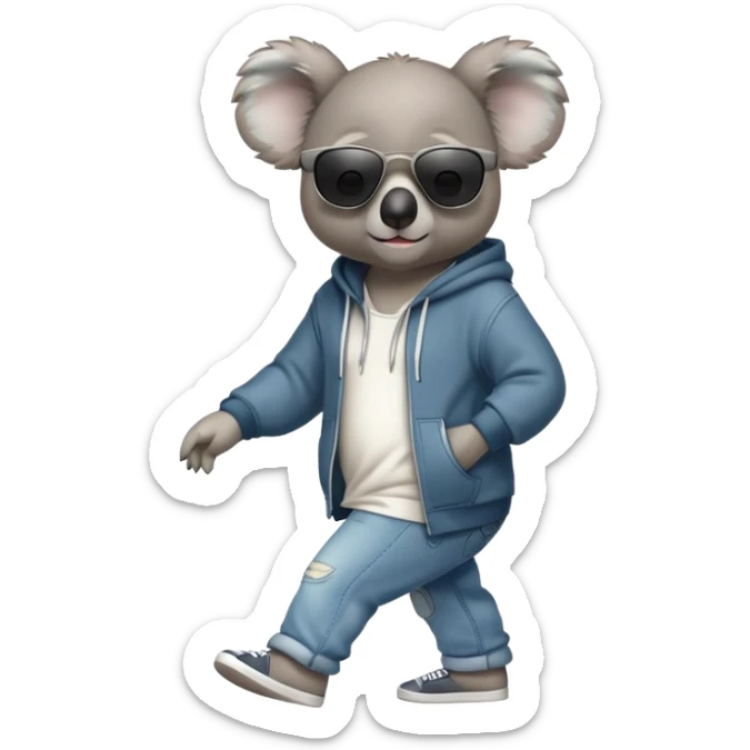 anthropomorphised koala full body wearing a hoodie and jeans dark sunglasses walking different pose sticker
