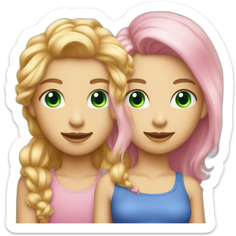 Young beautiful lady with pink hair and green eyes with young boy with blue eyes and blond hair sticker