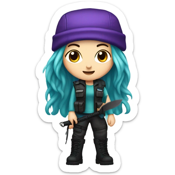 Girl, white skin, tactical vest, dark pants, long teal and purple hair, blue eyes, purple beanie hat, knife, black combat boots sticker