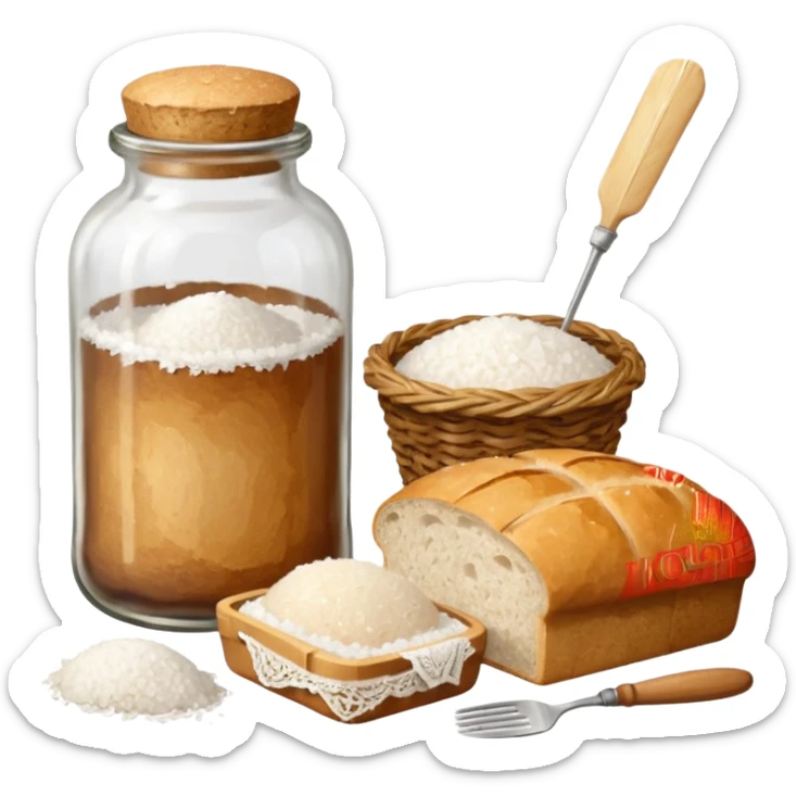 a one victorian bottle of salt and a loaf of bread - a bread bag, crochet needles and a ball of wool sticker