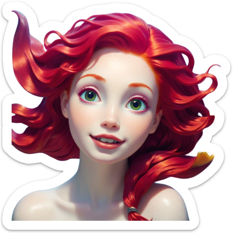 Cinematic Realistic Red Hair Mermaid Portrait, head tilted dramatically with an exaggeratedly amused expression, featuring a striking, vibrant form with meticulously detailed, flowing red hair and luminous porcelain skin. Her expressive eyes burst with playful marine mischief, rendered with dynamic underwater lighting and vibrant textures that convey an air of cheeky oceanic whimsy and over‐the‐top mermaid charm. sticker
