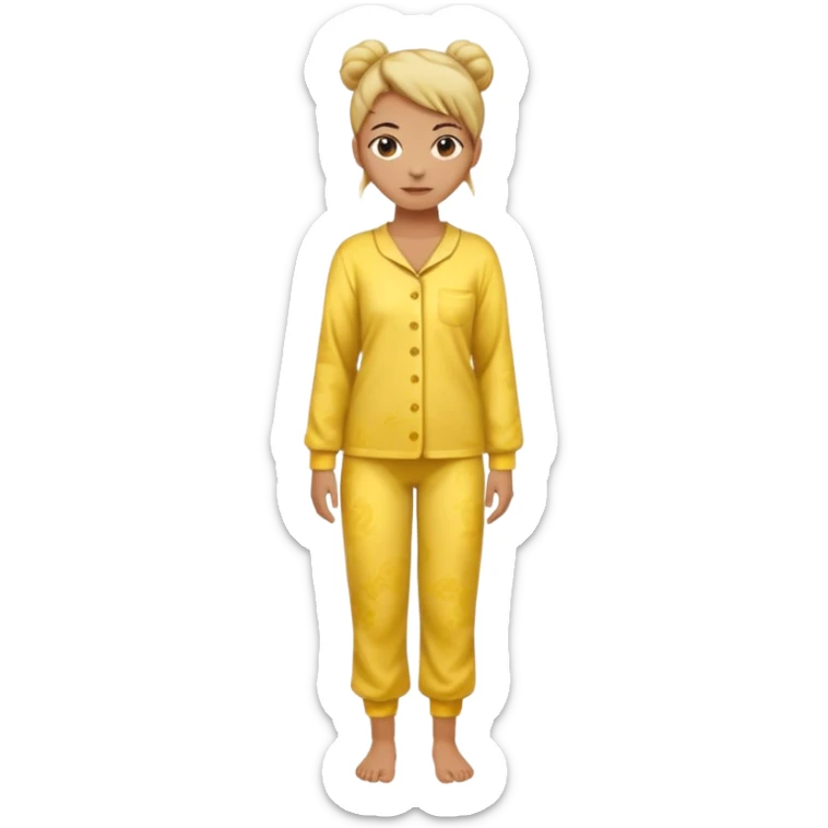 woman standing, wearing yellow pajamas, hair in a bun, full body, realistic, official Apple iPhone emoji style, less cartoonish sticker