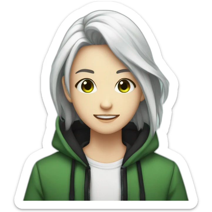 Joven estilo anime con capucha azul ojos verdes cabello cafe y pantalones negros zapatos blancos sticker