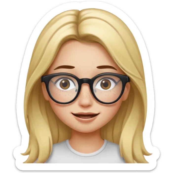 blonde girl with brown roots, long hair, freckles, black frame glasses, winking sticker