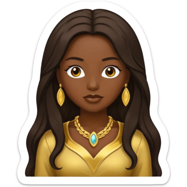 Bilquis from American Gods with dark skin, dark brown long hair, gold outfit sticker