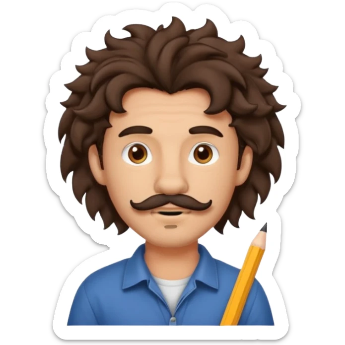 Make a cute guy with bouncy curly dark brown hair with a disconnected goatee and medium skin with a thin parted pencil mustache and lion ears sticker