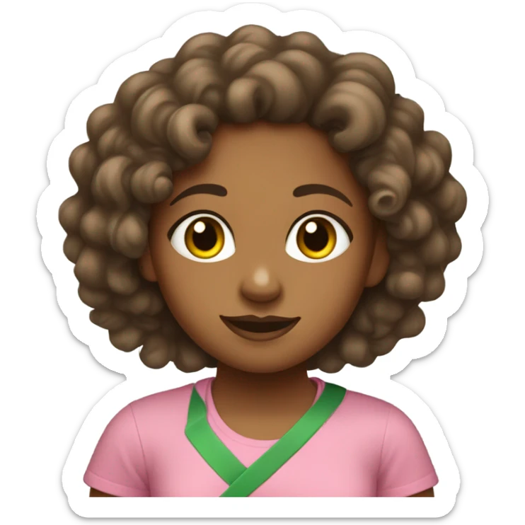Brown girl with curly hair wearing a pink and green t-shirt with “1908” sticker