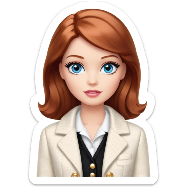 A Barbie girl with blue eyes, shoulder-length reddish-brown hair with makeup, wearing a white tweed jacket and a black skirt stands with chanel white color cream sticker