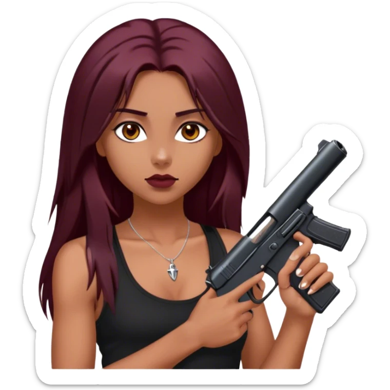 emoji of girl with black gun in hand with a black tank top gorgeous girl y2k with maroon dark long hair in a middle part with straight nose hazel eyes medium perfect eye brows with  a nose ring silver on the right nostril  sticker