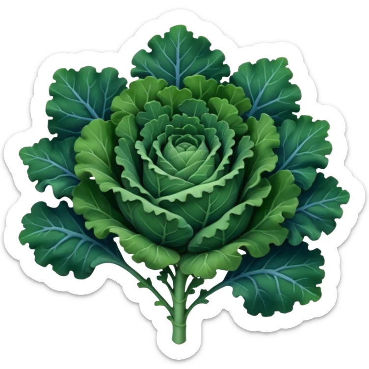 loose bunch of curly kale leaves, deep green to bluish-green tones, ruffled edges, prominent central stems, crisp slightly fibrous texture, matte finish, fresh, soft lighting, subtle shadows, emoji scale sticker