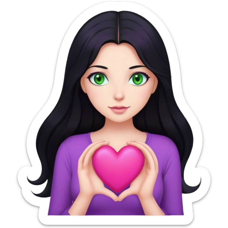Woman with long black hair and green eyes with a purple top holding a pink heart  sticker