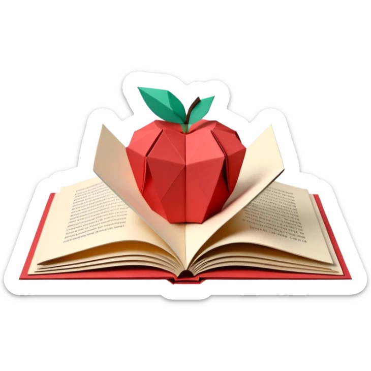 3D render of Pop-Up Book entirely of folded origami paper, sharp creases, cardboard texture, matte finish, visible paper grain, craft aesthetic,  apple emoji style, isolated on white background --v 6.0 sticker