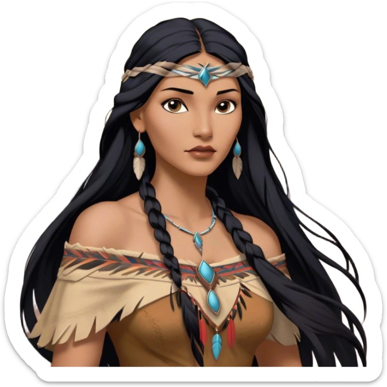 Cinematic Realistic Pocahontas Portrait, depicted with lifelike skin texture, soft natural lighting, and intricately detailed long, flowing raven-black hair that moves gracefully in the wind. Her deep, soulful dark brown eyes exude wisdom and strength, complemented by a serene yet powerful expression. She is dressed in her classic one-shoulder native american dress, with rich fabric textures and delicate beaded details that catch the light beautifully. The portrait features a soft, sun-kissed glow with a natural, radiant finish, capturing the essence of untamed beauty and deep connection to nature in a realistic and painterly style, evoking a sense of depth and authenticity. sticker