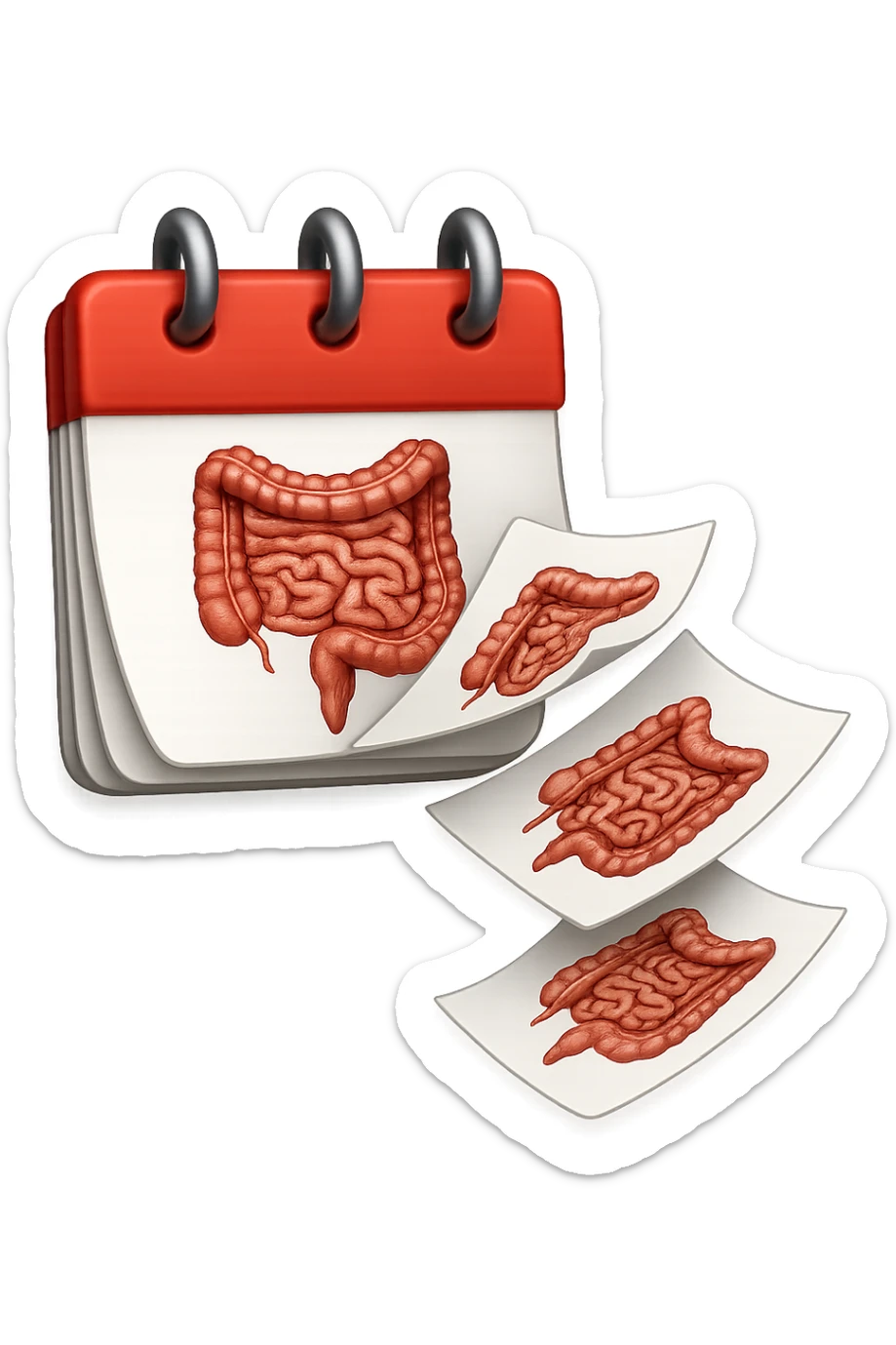 emoji stile iphone di un calendario con fogli che volano insieme, sui fogli ci sono disegnati degli intestini anatomici, iperrealistico 4k, isolato su sfondo bianco sticker