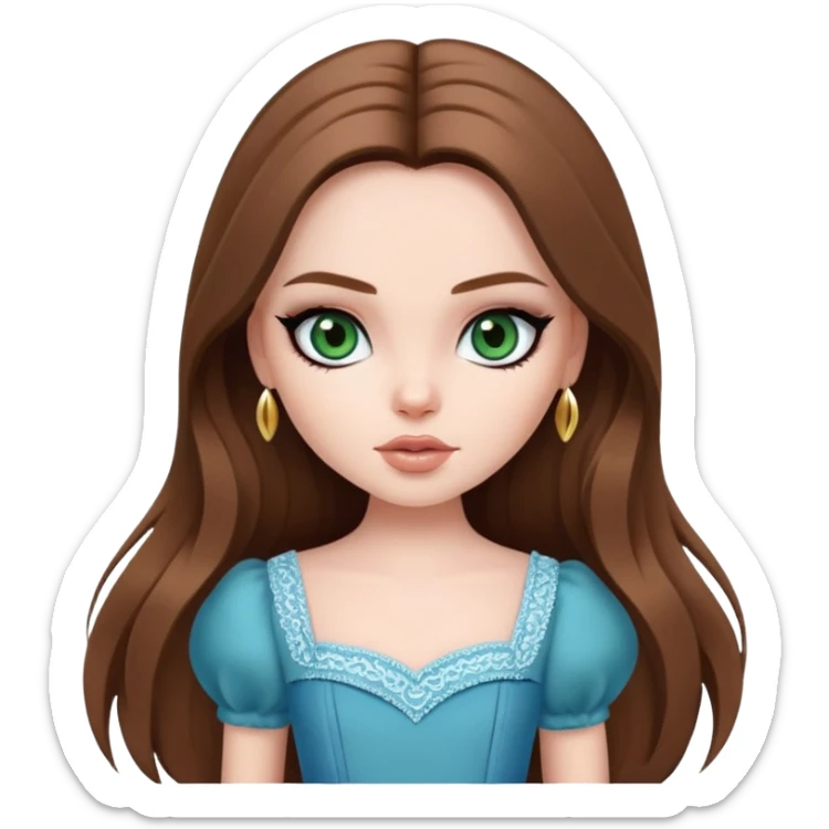 pretty bratz girl, long brown hair, dark green eyes, black eyeliner, pale skin, blue style sticker