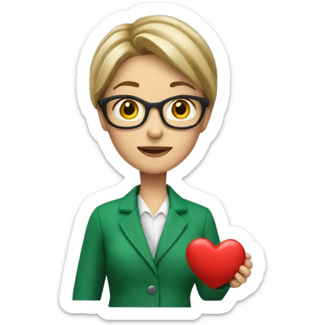 A European female teacher in a green jacket holds a heart in her hands sticker