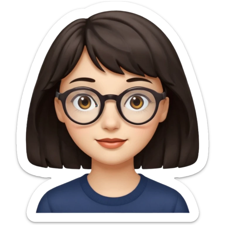 Koyu renk, dağınık dalgalı saçlı, kısa kahküllü, yuvarlak gözlüklü ve büyük kahverengi gözlü bir genç kadının yüzünü gösteren emoji tarzı illüstrasyon. Hafif bir gülümseme veya tatlı bir sırıtış ifadesi var. Cilt tonu açık. sticker