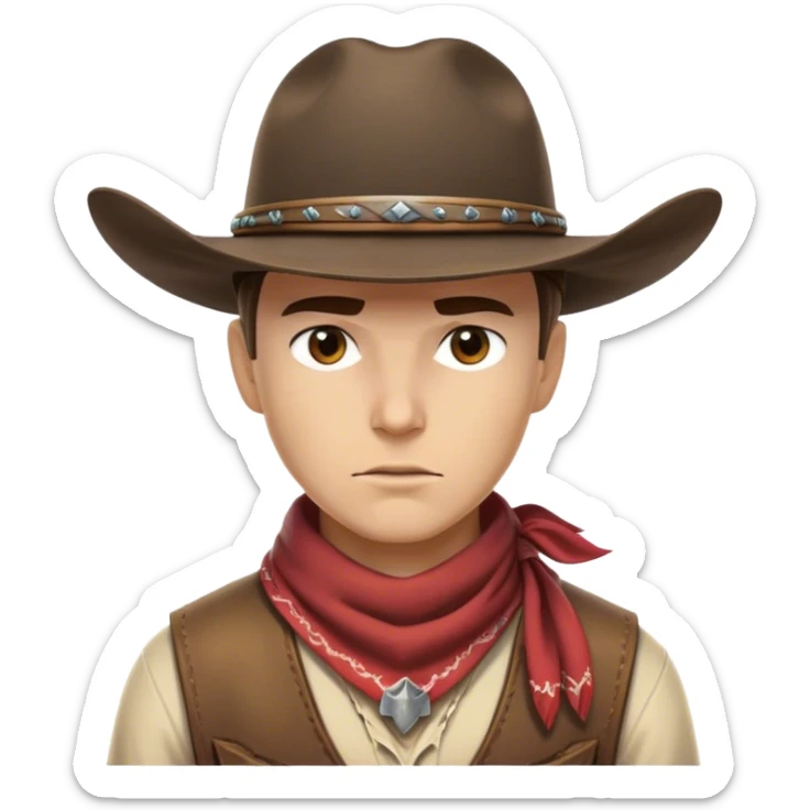 Clash of Clans aesthetic friendly Cowboy Portrait Emoji, With a rugged yet stylized build wearing a classic wide-brimmed hat and bandana, his face rendered in a natural skin tone (not yellow), determined eyes and a steely gaze, Simplified yet dynamic features, highly detailed, glowing with a warm, sunlit frontier radiance, high shine, brave and spirited, stylized with an air of Wild West heroism, focused and ready, soft glowing outline, capturing the essence of a fearless cowboy adventurer ready to ride into epic quests! sticker
