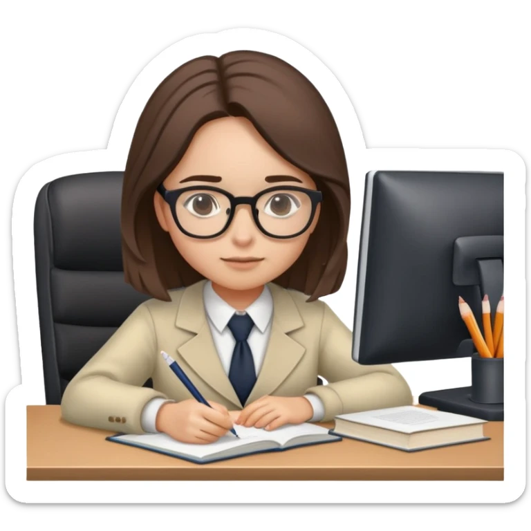 burnet girl wearing glasses studying hard on a desk wearing acadmic outfit sticker