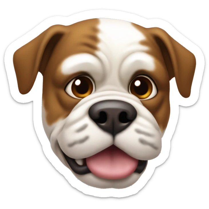The image shows a cartoon-style dog head, resembling a bulldog. It has white fur with large brown patches, especially on the right side of the head and the ears. The dog has big, expressive brown eyes, a black nose, and a slightly protruding tongue.  sticker