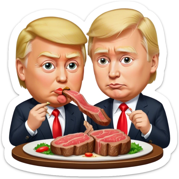photorealistic Donald Trump and Putin eating a steak shaped like an piece of land sticker