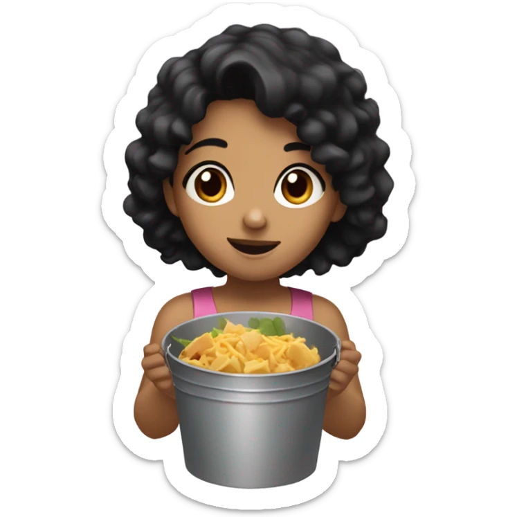 girl with thick black hair and dark brown eyes eating food out of a bucket sticker