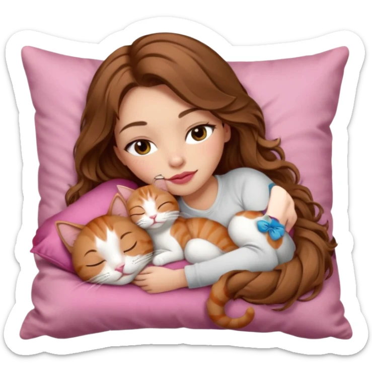 girl with long wavy brown hair, brown eyes, long lashes makeup, sexy pink lips, light to medium complexion,  sleeping on a cozy pillow, with 6 cats: 1 brown tabby cat, 1 ginger and white cat, 2 grey and white cats, 1 grey with white mittens and small white patch on chest cat and 1 calico cat sticker