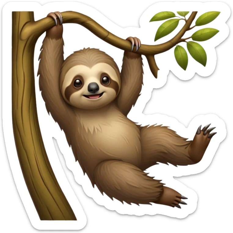 cinematic-sloth-realistic-full-body-hanging-emoji,-long-curved-claws-clinging-to-a-tree,-thick-shaggy-brown-fur-slightly-ruffled,-head-tilted-dramatically,-slow-blinking-eyes-filled-with-serene-wisdom,-simplified-yet-realistic-focused-features,-highly-detailed,-glowing-with-an-almost-sarcastic-glow sticker