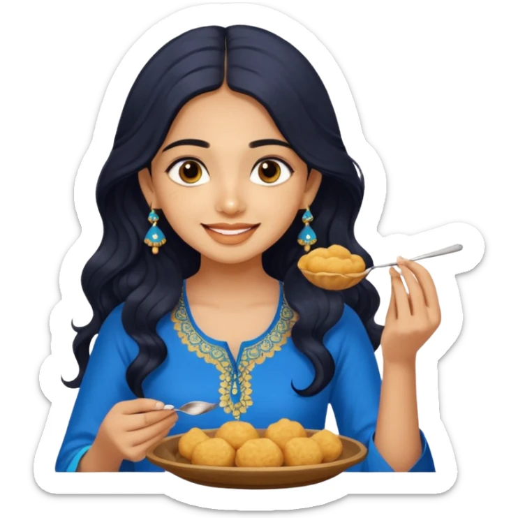a pretty tan indian bratz girl with wavy long BLACK hair. eyeliner on, wearing a blue kurti, eating golgappa. NO SPOON sticker