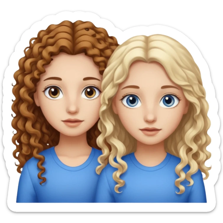 Twin sisters, one has brown eyes, long curly brown hair, the other one has blue eyes and straight blond hair sticker