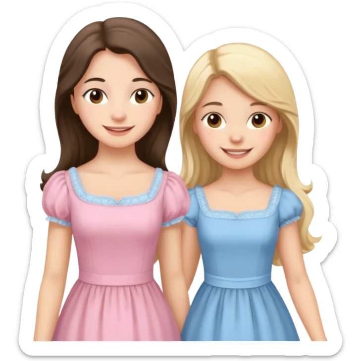 happy long hair brunette girl in light pink dress and blonde girl in light blue dress pride and prejudice sticker