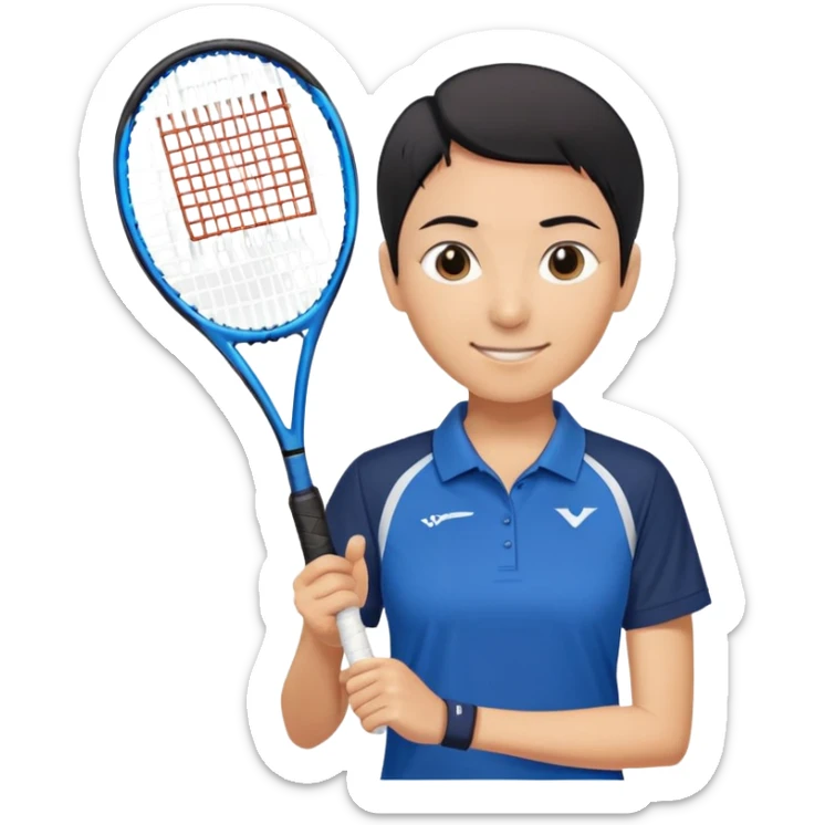 light brown skinned tennis coach, short straight black hair with widow's peak, oval face, small eyes, smiling, holding blue Yonex tennis racket, wearing dark navy blue dry fit shirt sticker