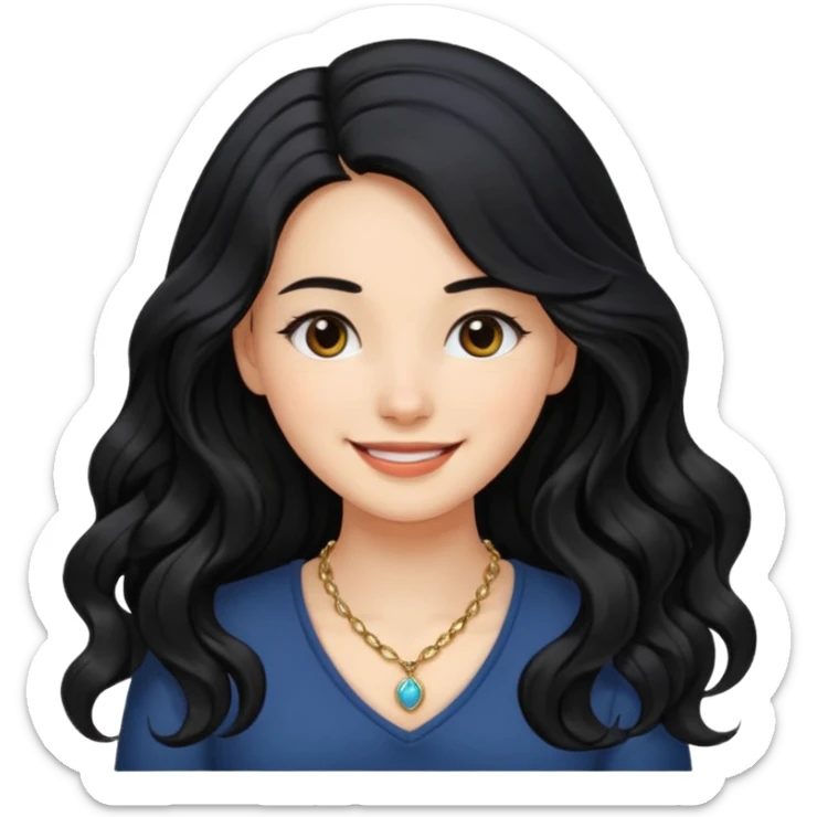 Please generate a portrait of a pretty girl with long, wavy, black hair. She's smiling. She also wears a left side parting. sticker