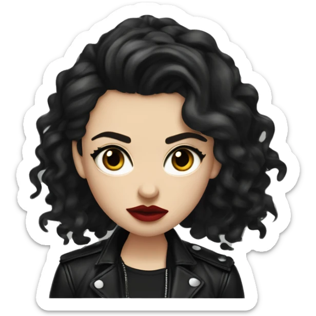 White girl, with long curly black hair, with red lipstick, black winged eyeliner, wearing black shirt and black leather jacket, rolling her eyes in annoyance  sticker